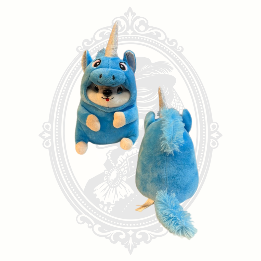 Small blue Nanco plush dog dressed in a unicorn costume with glitter horn, fluffy mane, and tail shown from front and back views against a light background.