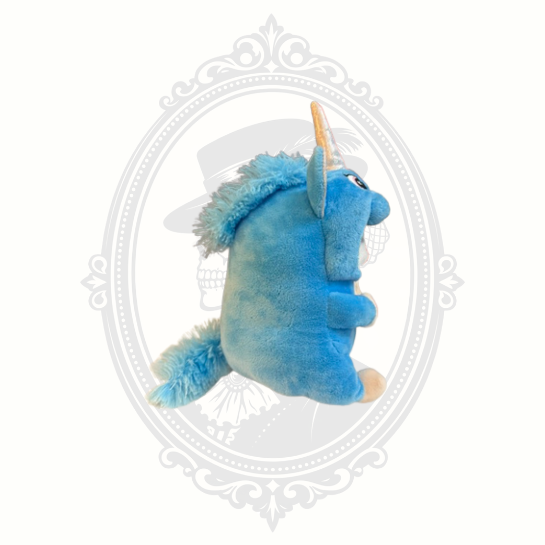 Right side profile of a small blue unicorn dog plush costume toy with soft plush fabric and fantasy unicorn details.