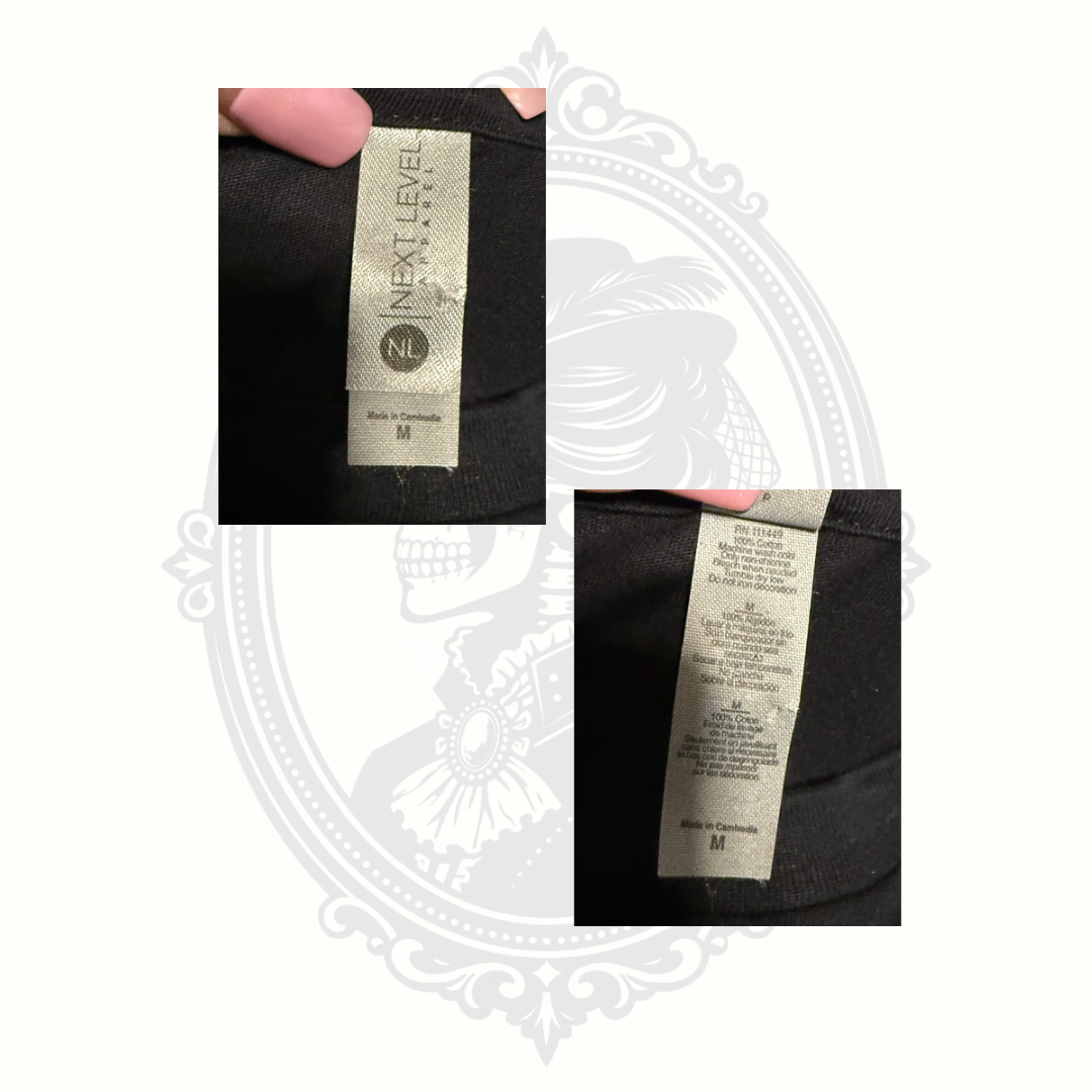 Close-up of Next Level Apparel shirt tag inside black Hines Ward autograph t-shirt.