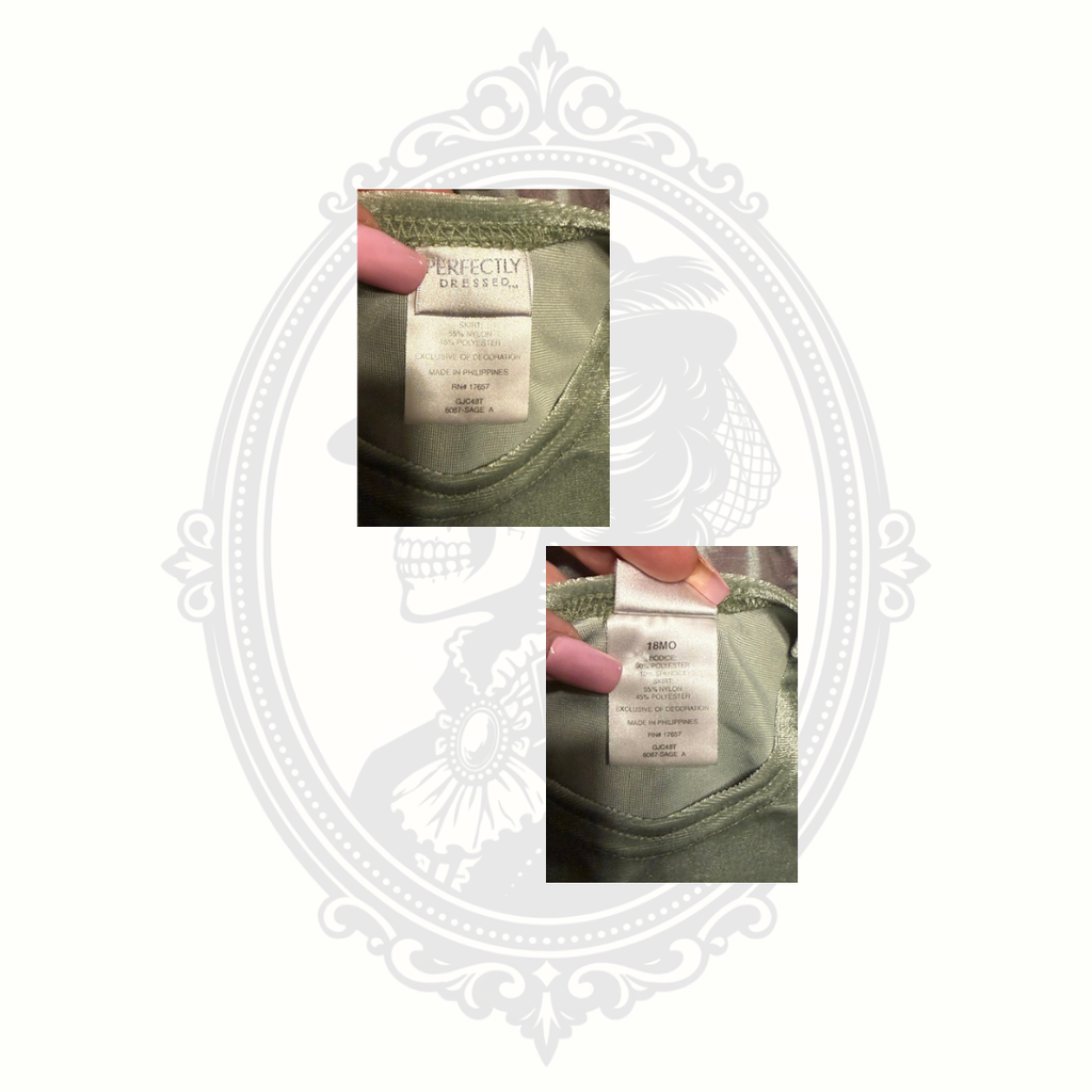 Closeup of Perfectly Dressed clothing tag showing size 18 months and fabric details.