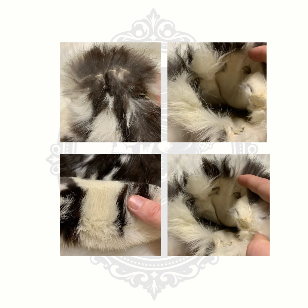 Close-up interior details of vintage rabbit fur drawstring backpack purse