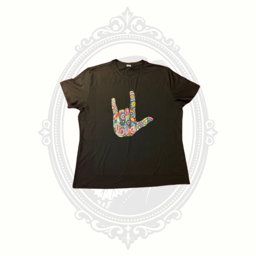 Rainbow Lorikeet XXL Black ASL I Love You Graphic Tee Floral Sign Language Shirt