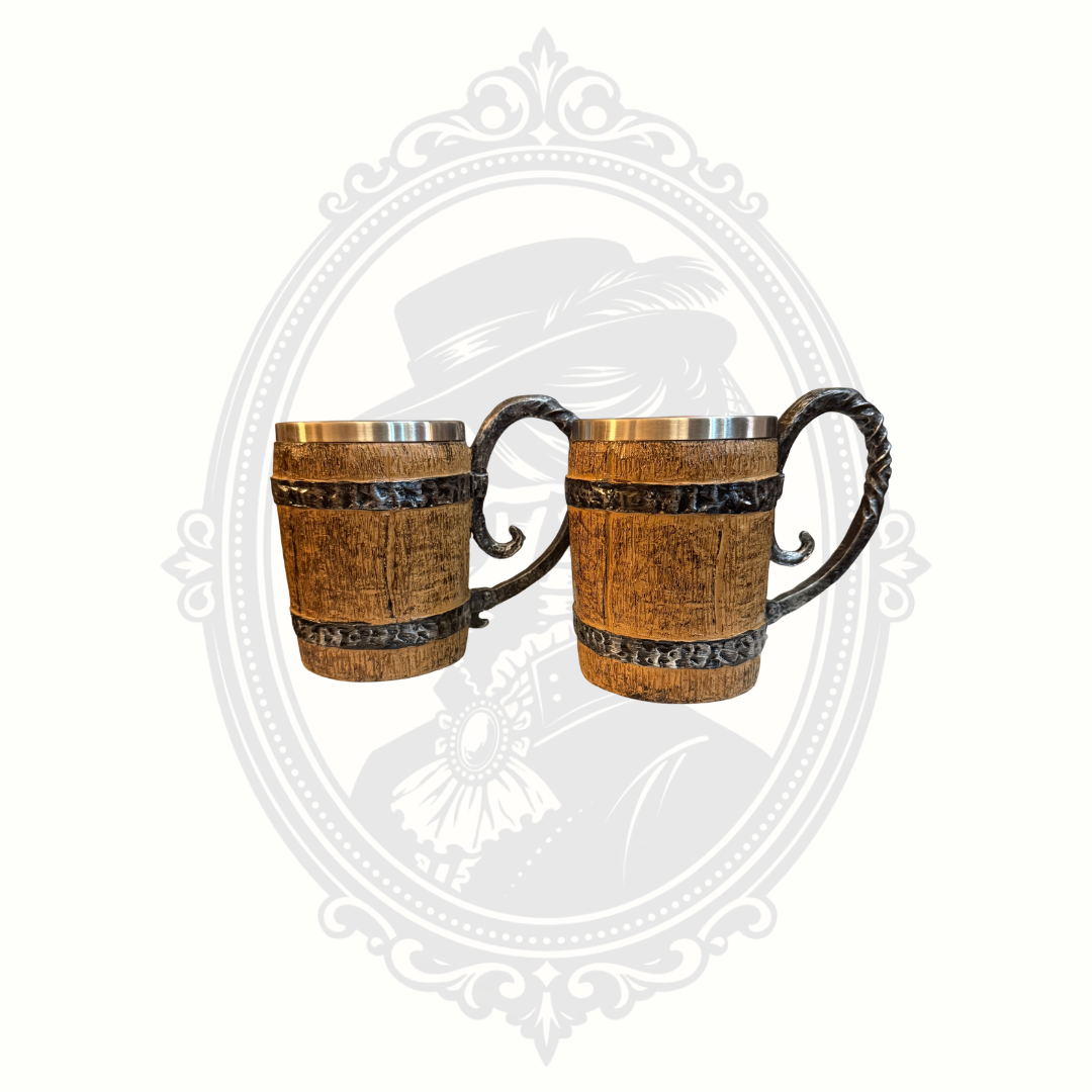 Set of two rustic tavern-style mugs with faux wood finish and decorative handles.