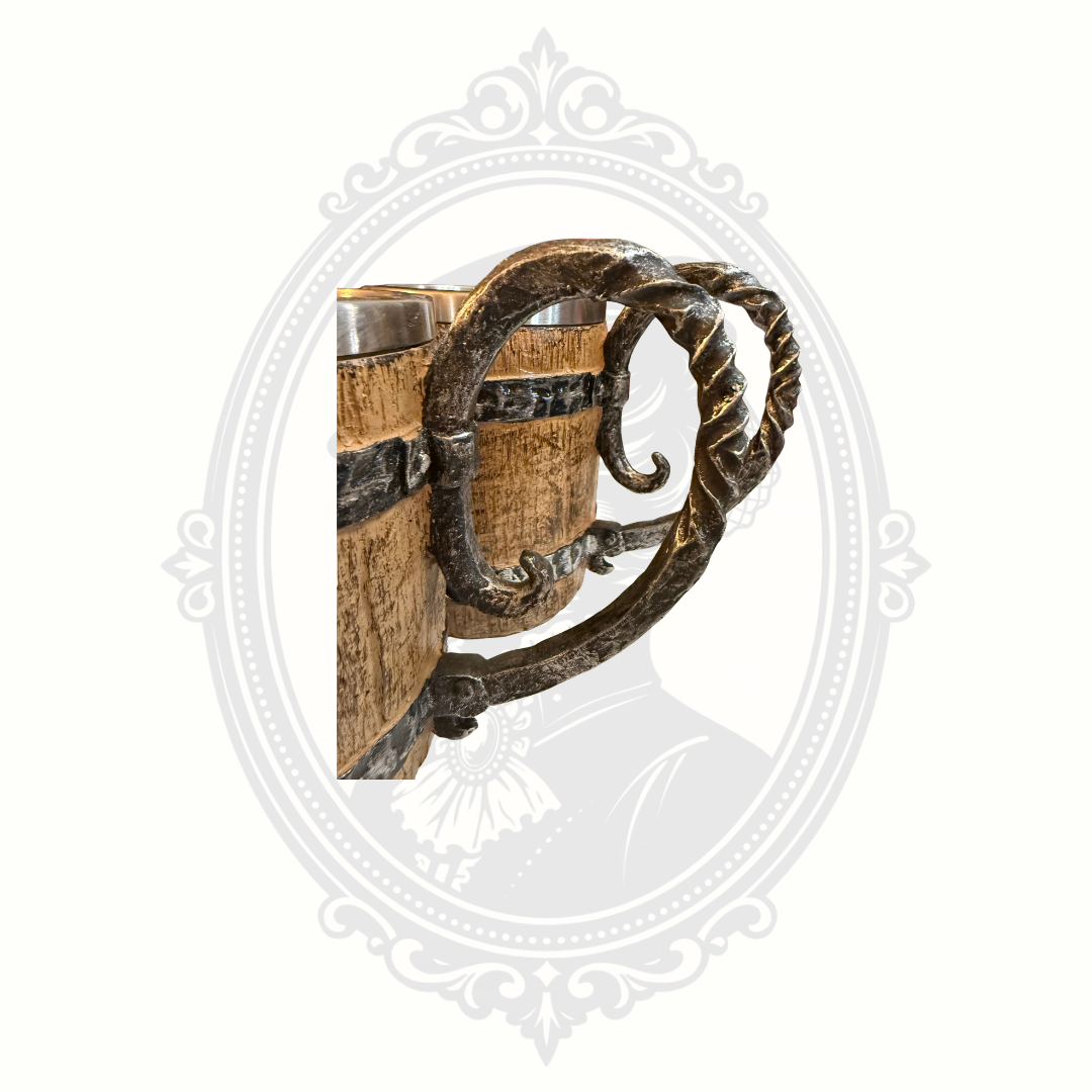 Detailed side view of medieval-inspired curved metal-look mug handle.