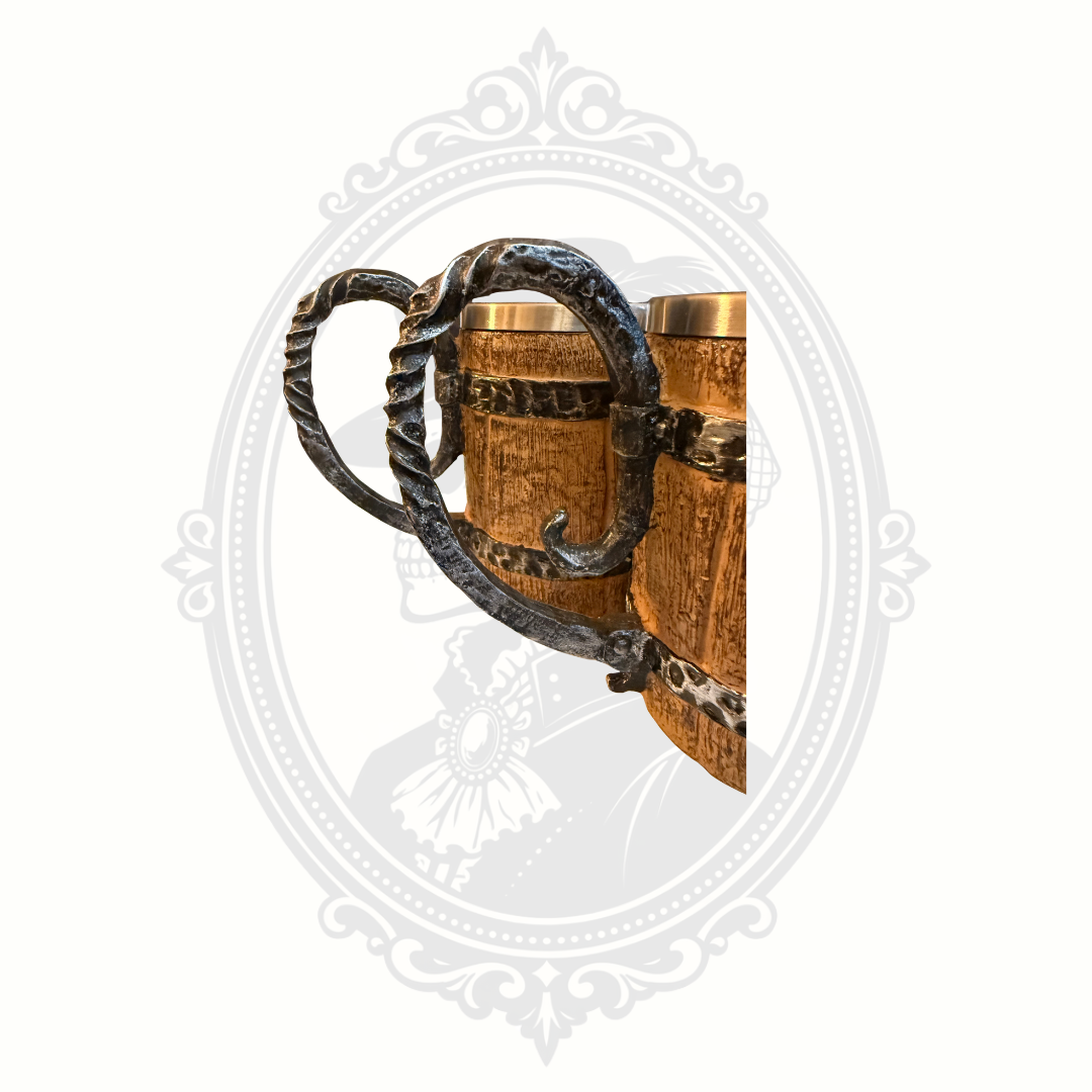 Detailed side view of medieval-inspired curved metal-look mug handle.