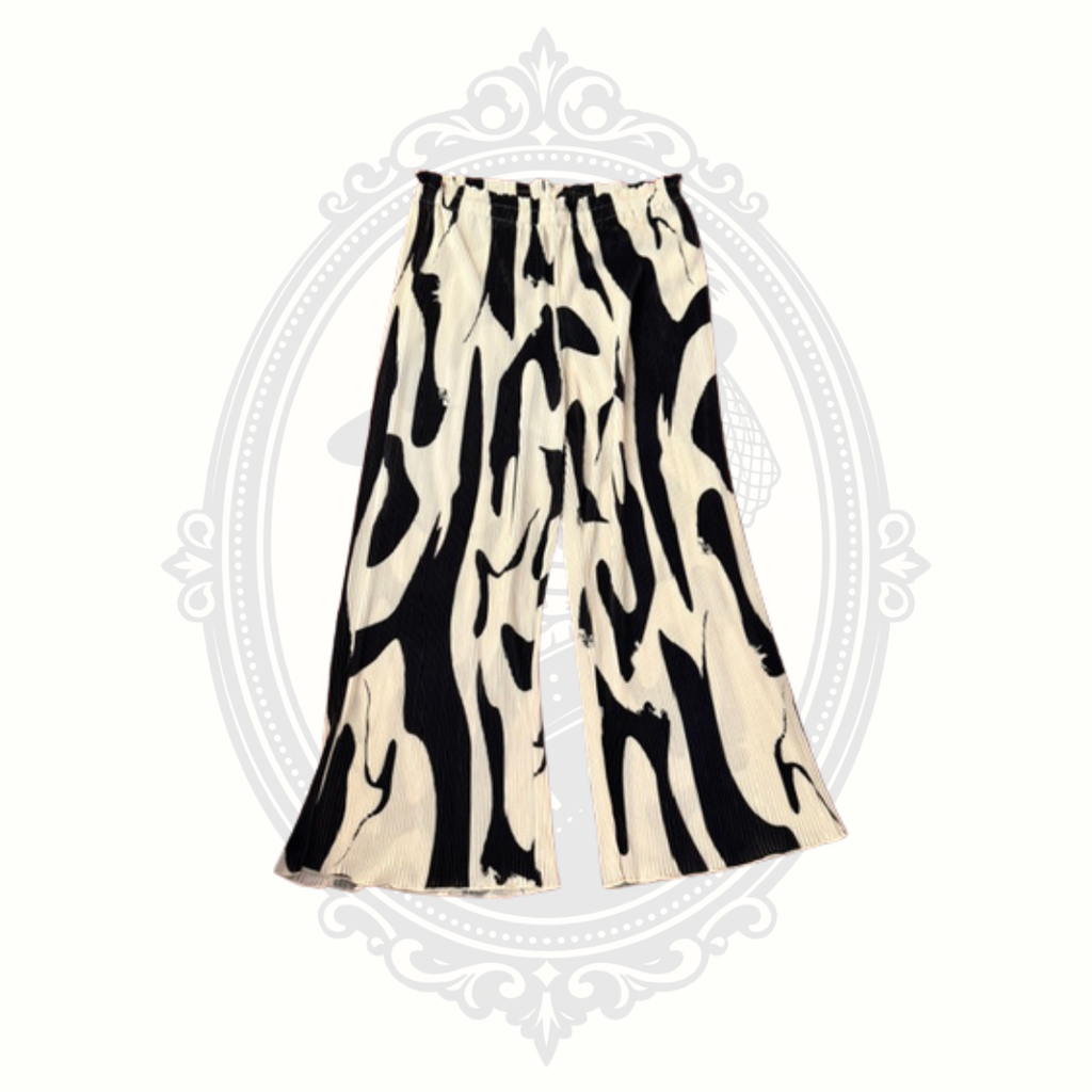 SHEIN CURVE Women's 1XL Pleated Wide Leg Pants Black White Abstract Print