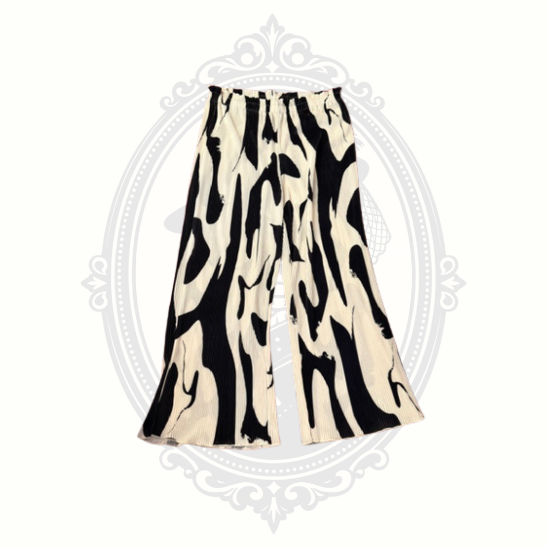 SHEIN CURVE Women's 1XL Pleated Wide Leg Pants Black White Abstract Print
