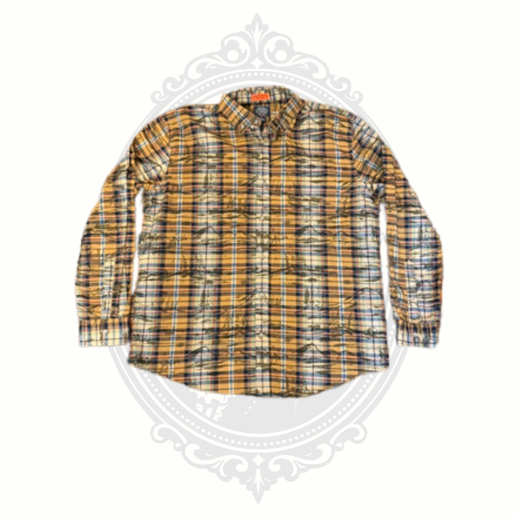 St. John’s Bay Performance plaid button-down shirt in size XL featuring brown, mustard, and blue tones photographed against a neutral background.