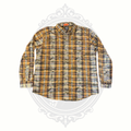 St. John’s Bay Performance plaid button-down shirt in size XL featuring brown, mustard, and blue tones photographed against a neutral background.
