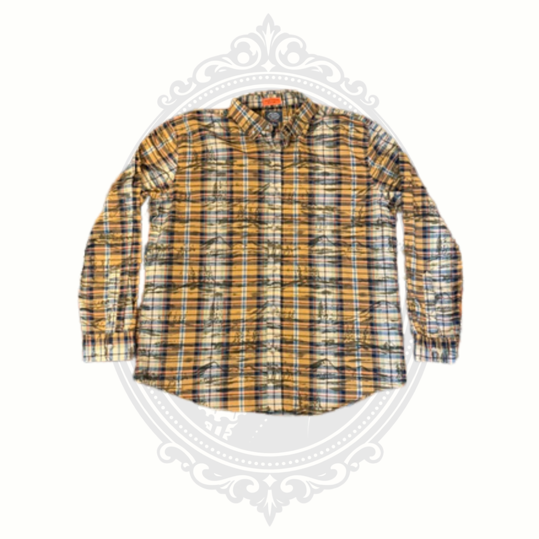 St. John’s Bay Performance plaid button-down shirt in size XL featuring brown, mustard, and blue tones photographed against a neutral background.