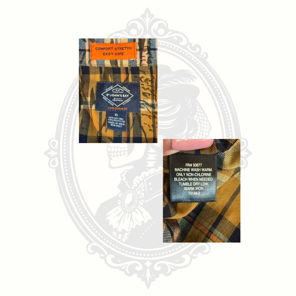 Closeup of St. John’s Bay Performance shirt tag showing size XL and fabric content details.