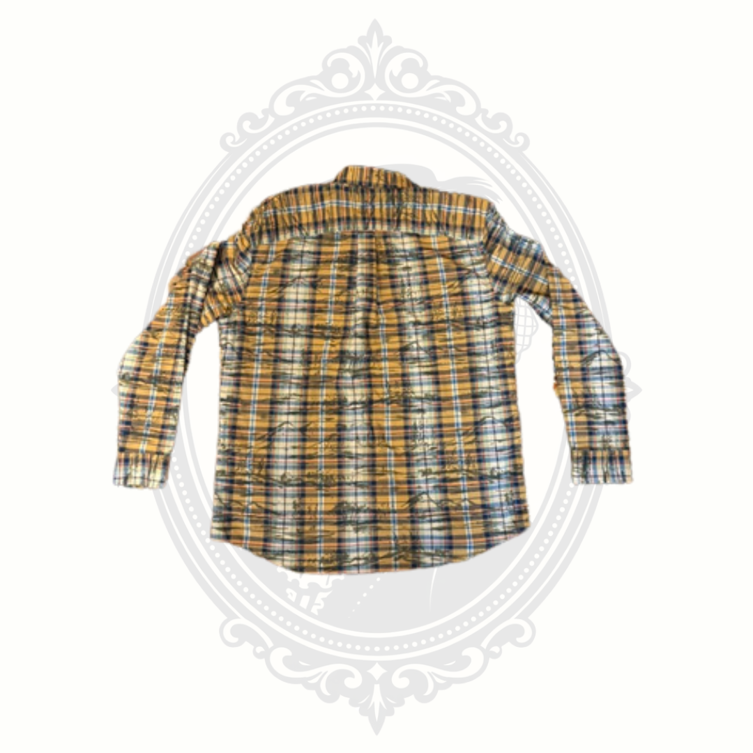 Back view of St. John’s Bay Performance plaid long sleeve shirt in earthy brown and blue tones.
