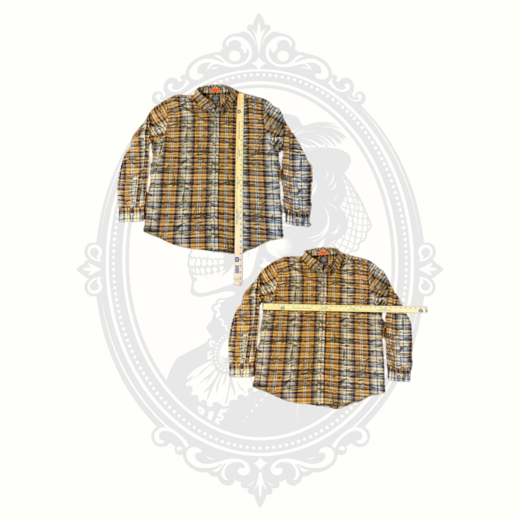 Measurement photos showing pit-to-pit width and length of St. John’s Bay Performance plaid shirt size XL.