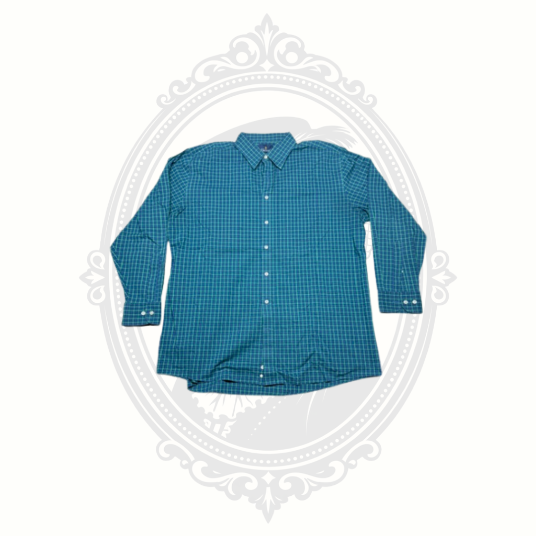 Stafford Travel Performance Men's Green & Blue Plaid Button-Up Dress Shirt 17½ 34/35 Regular Fit