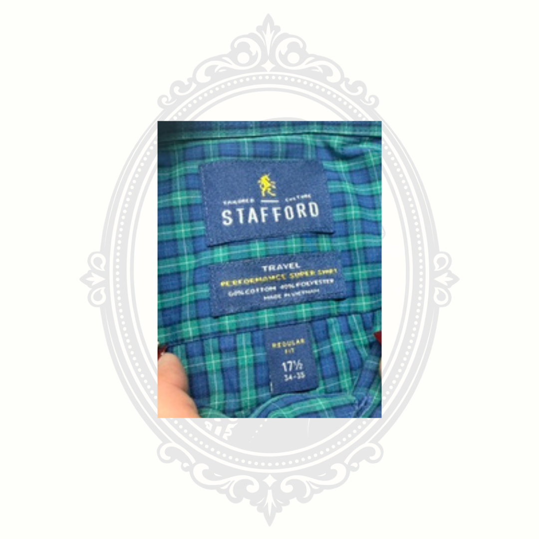 Stafford Travel Performance Men's Green & Blue Plaid Button-Up Dress Shirt 17½ 34/35 Regular Fit