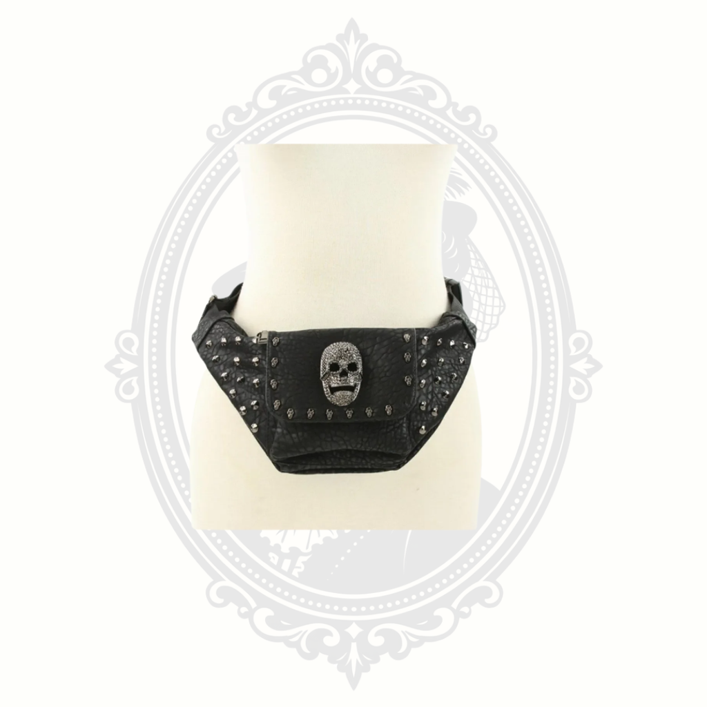 Black studded skull fanny pack with rhinestone skull detail displayed on mannequin torso