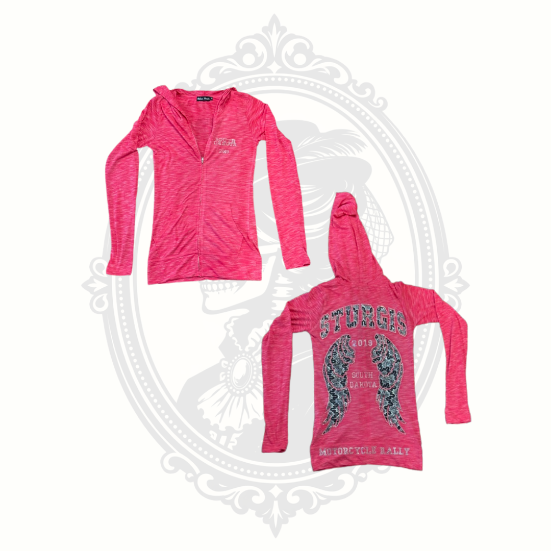 Pink Sturgis biker hoodie front and back product photo