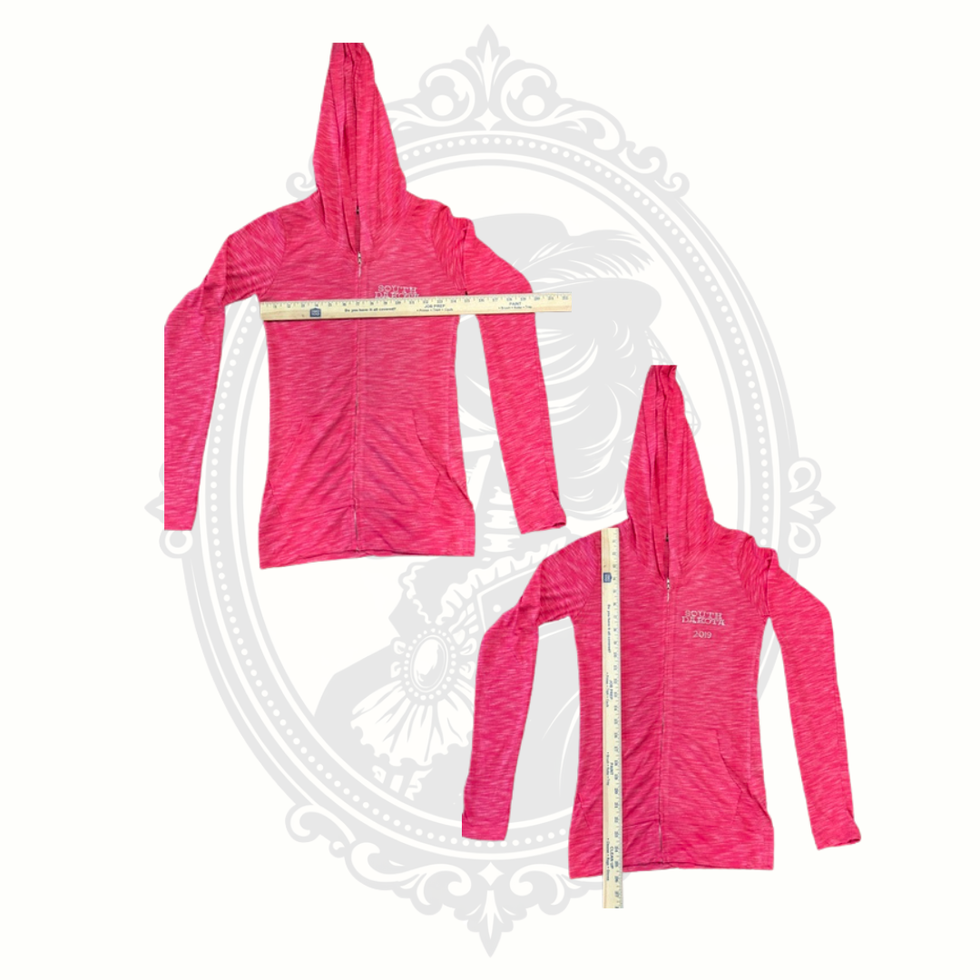 Pink lightweight biker hoodie with measurements shown
