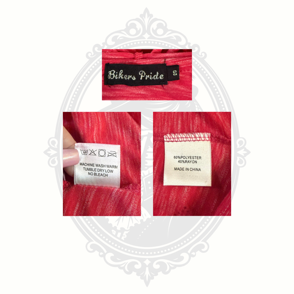 Bikers Pride size small clothing tag and fabric content label