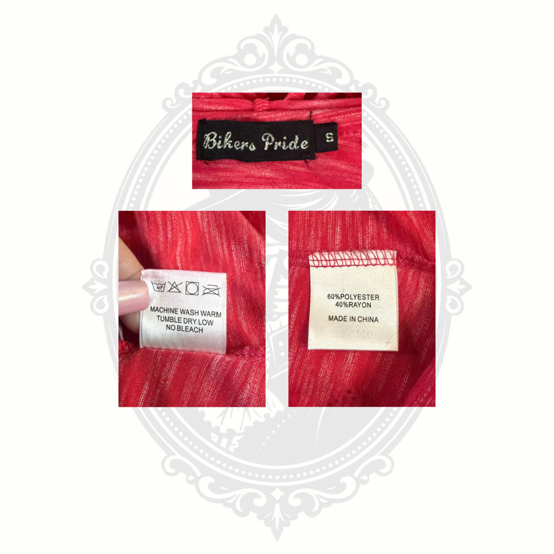 Bikers Pride size small clothing tag and fabric content label