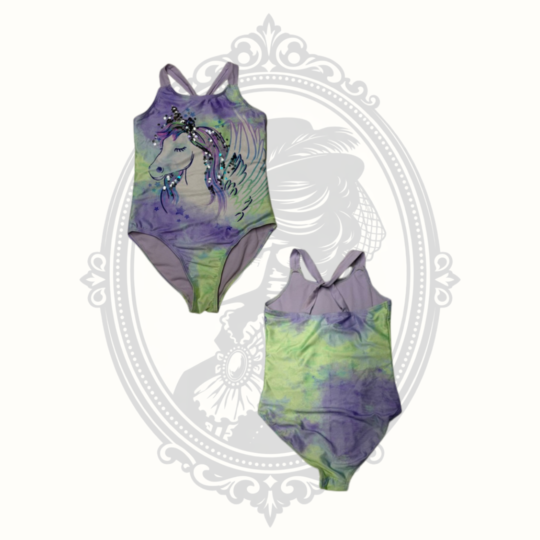 Girls Purple & Green Unicorn One Piece Swimsuit Size 7/8 Recycled Fabric