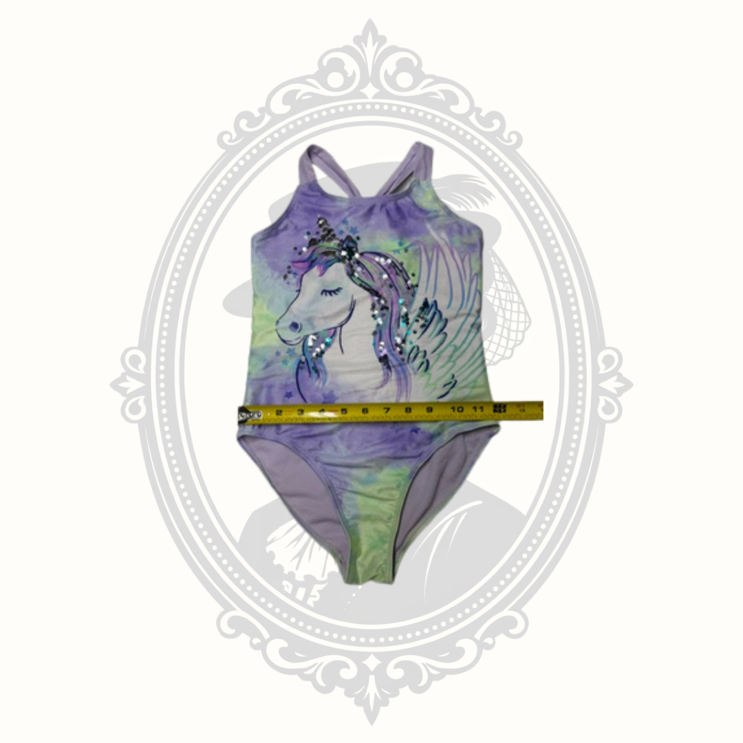 Girls Purple & Green Unicorn One Piece Swimsuit Size 7/8 Recycled Fabric