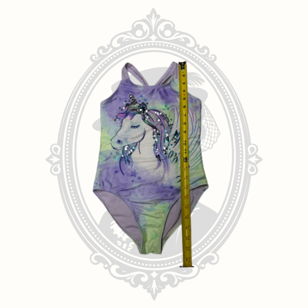 Girls Purple & Green Unicorn One Piece Swimsuit Size 7/8 Recycled Fabric