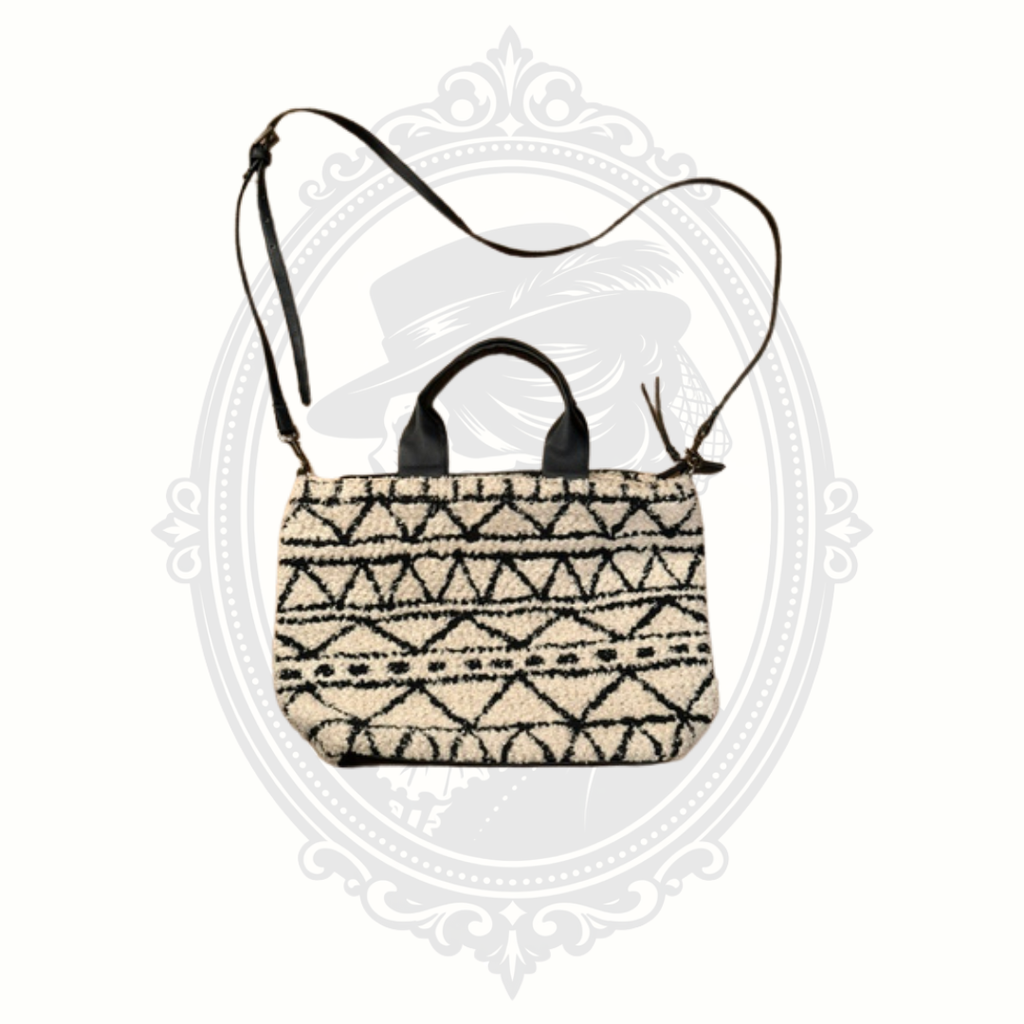 Universal Thread Boho Sherpa Crossbody Tote Bag Cream Black Geometric Tribal Pattern
