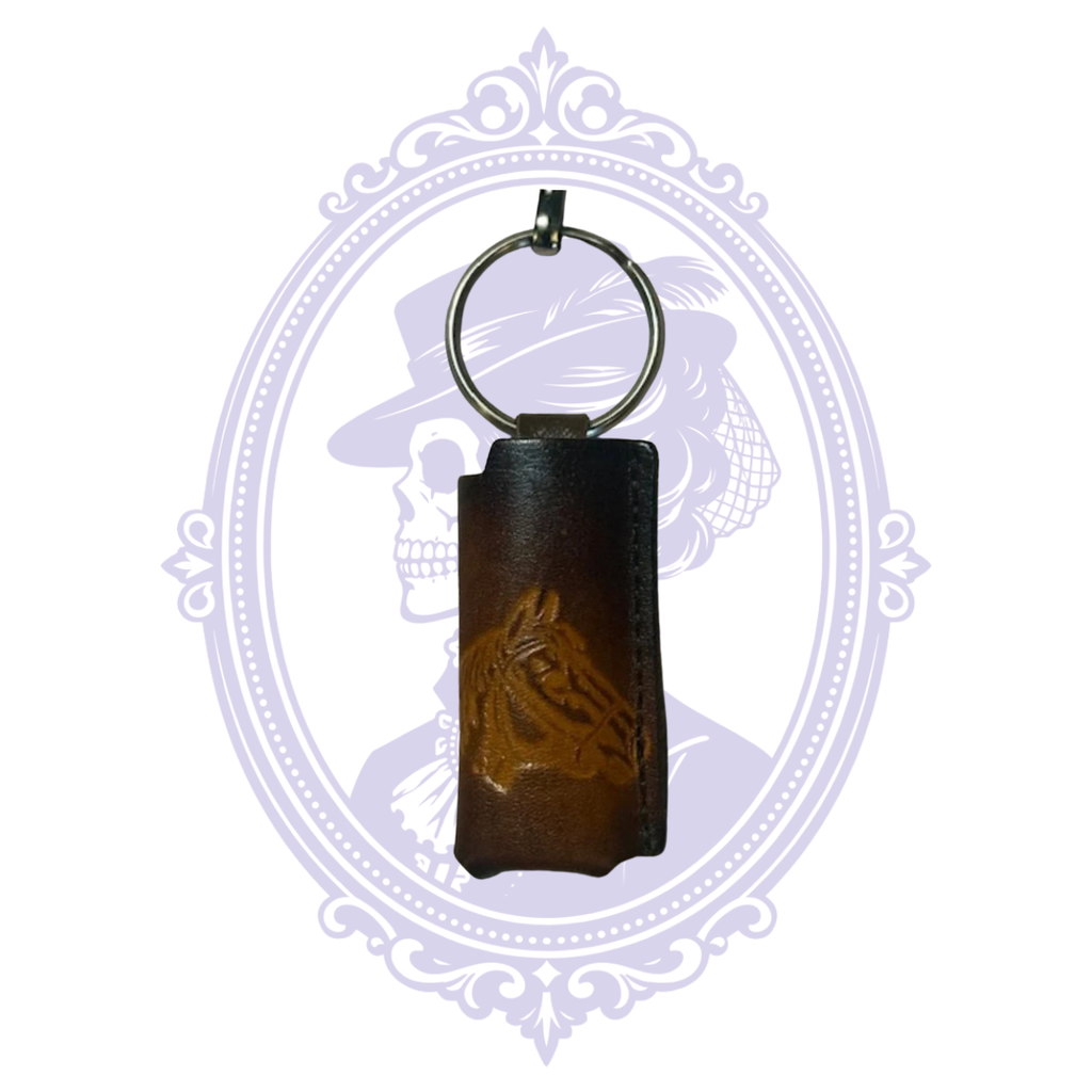 Front view of brown leather lighter holder with embossed horse head