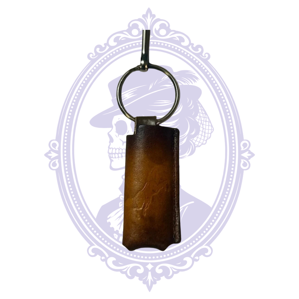 Front of vintage brown leather lighter holder with full-body horse embossing