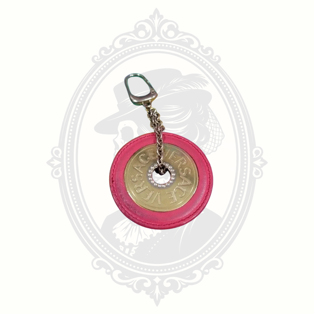 Vintage Versace Medallion Keychain & Bag Charm – Pink Leather and Gold-Tone Hardware