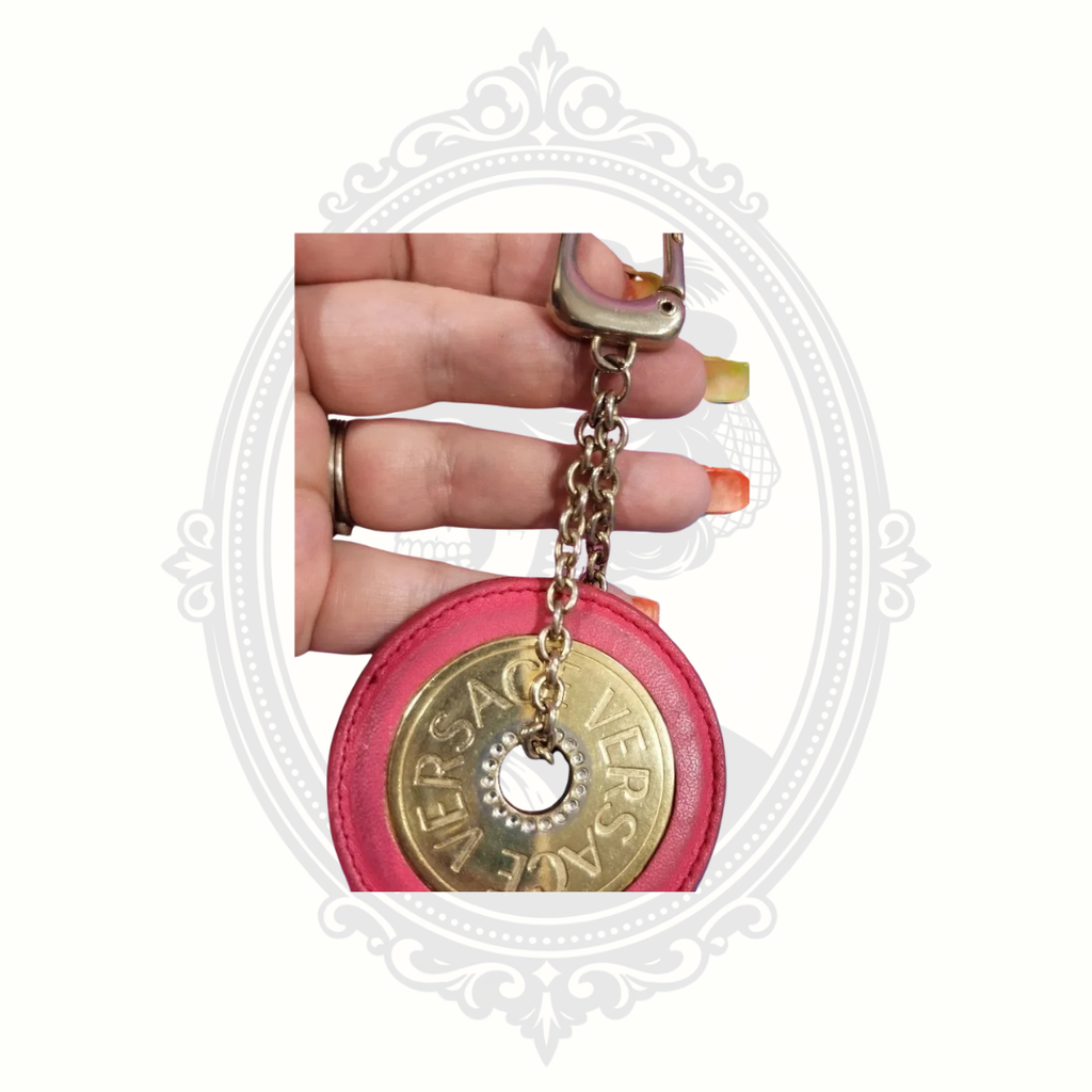 Vintage Versace Medallion Keychain & Bag Charm – Pink Leather and Gold-Tone Hardware