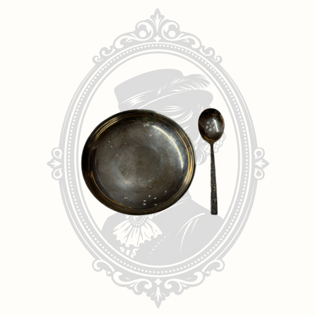 Vintage 1881 Rogers Venetian Garden Silverplate Baby Bowl & Spoon Set with Original Guarantee Card