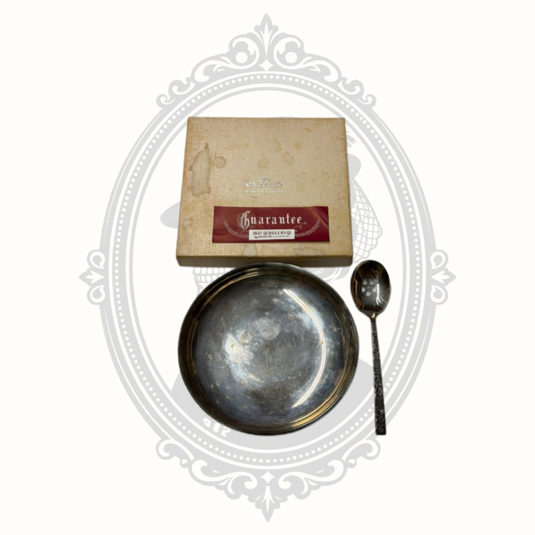 Vintage 1881 Rogers Venetian Garden Silverplate Baby Bowl & Spoon Set with Original Guarantee Card