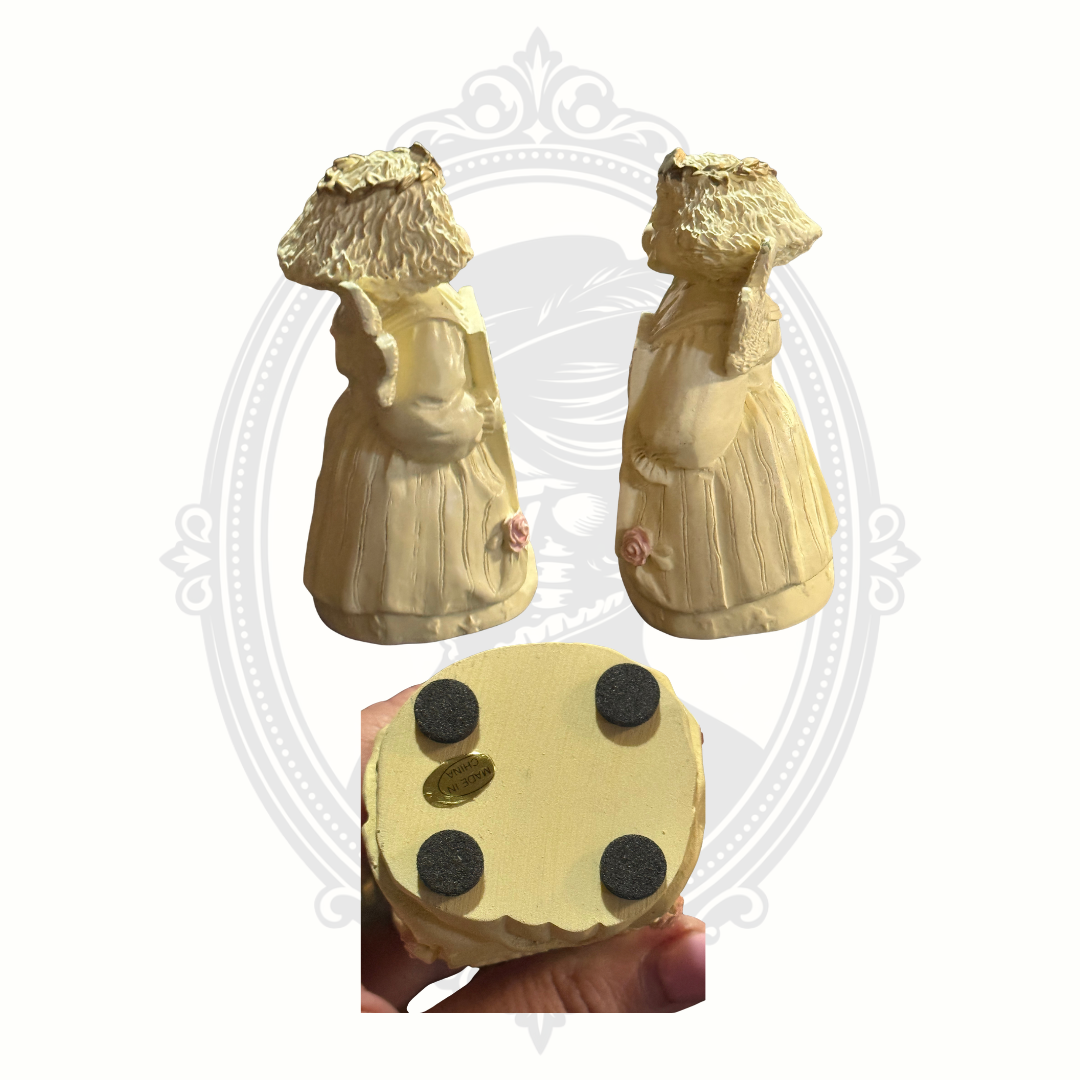 Vintage Abbey Press angel figurine with cream-colored dress, floral details, and sentimental Mother blessing plaque.