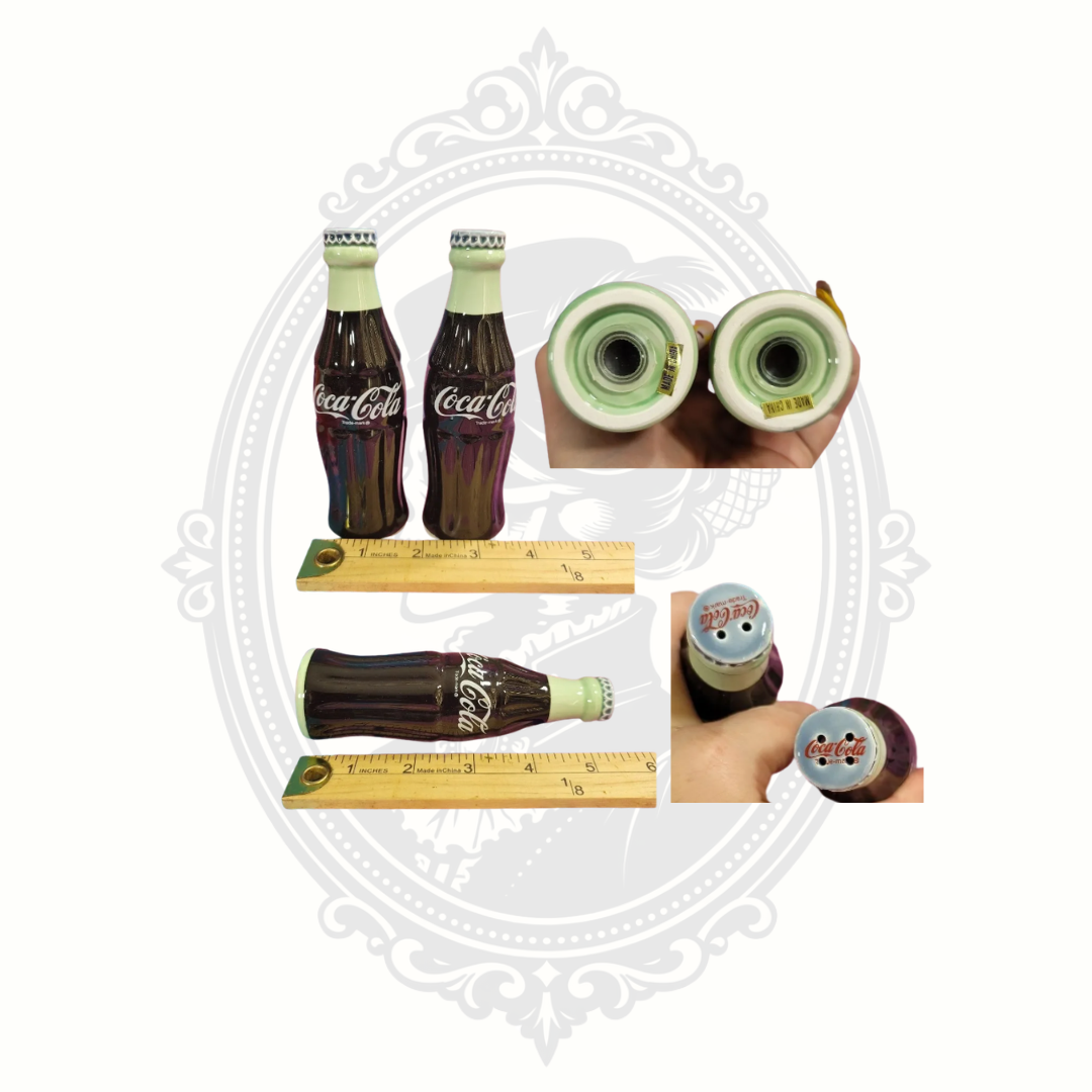 Collage featuring multiple detail views of a vintage 1996 Coca-Cola bottle-shaped ceramic salt and pepper shaker set with measurement ruler, bottom openings, and shaker top details.