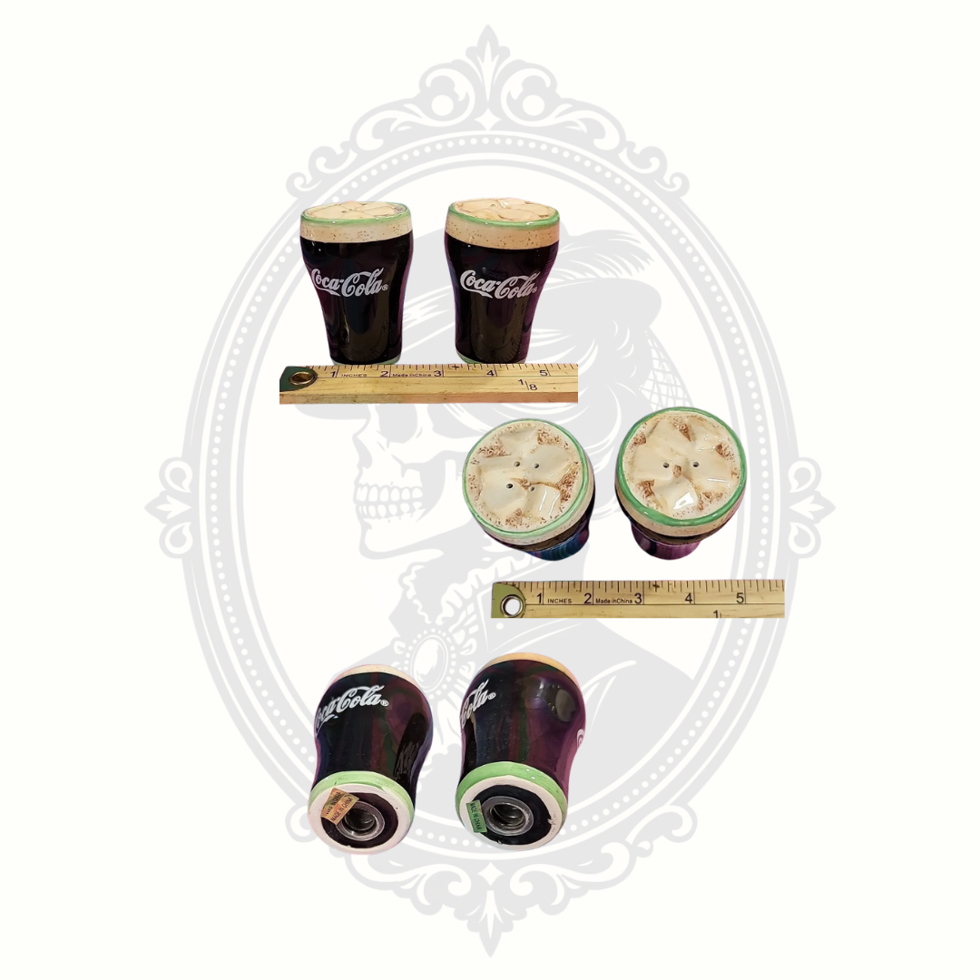 Collage showing multiple views of a vintage 1999 Coca-Cola salt and pepper shaker set with ruler measurements, top views, and bottom details of the collectible Coke cup-shaped shakers.