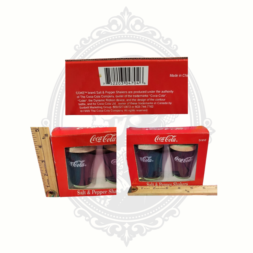 Collage featuring the original red Coca-Cola salt and pepper shaker box from 1999 with front, side, and barcode views alongside ruler measurements.