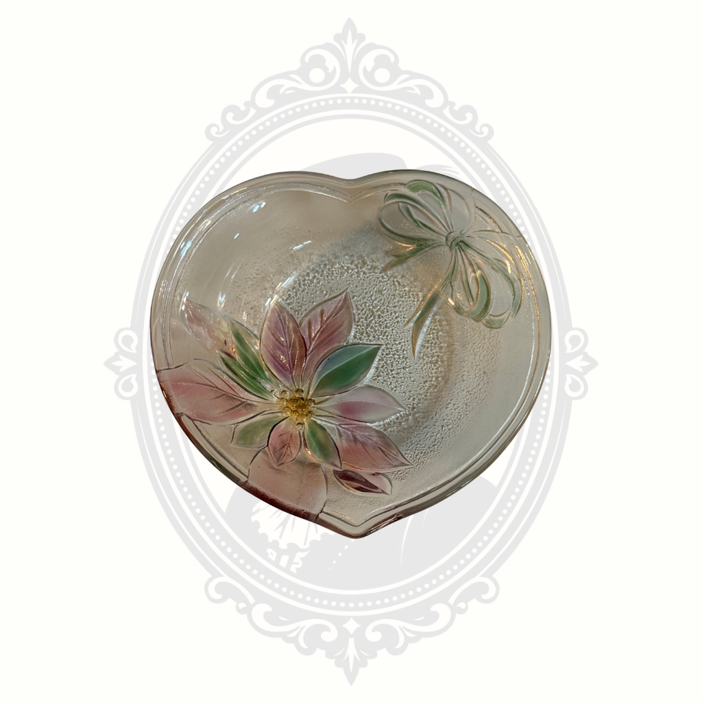 Frosted glass heart-shaped trinket dish with pink and green floral design.