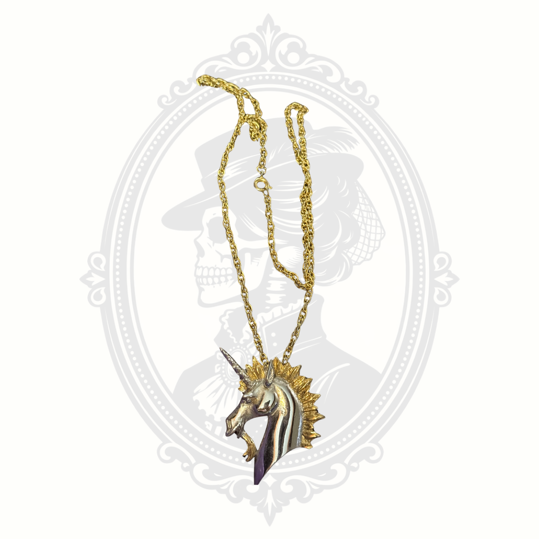 Front of Gold Tone Silver Tone Fantasy Unicorn Pendant and Chain