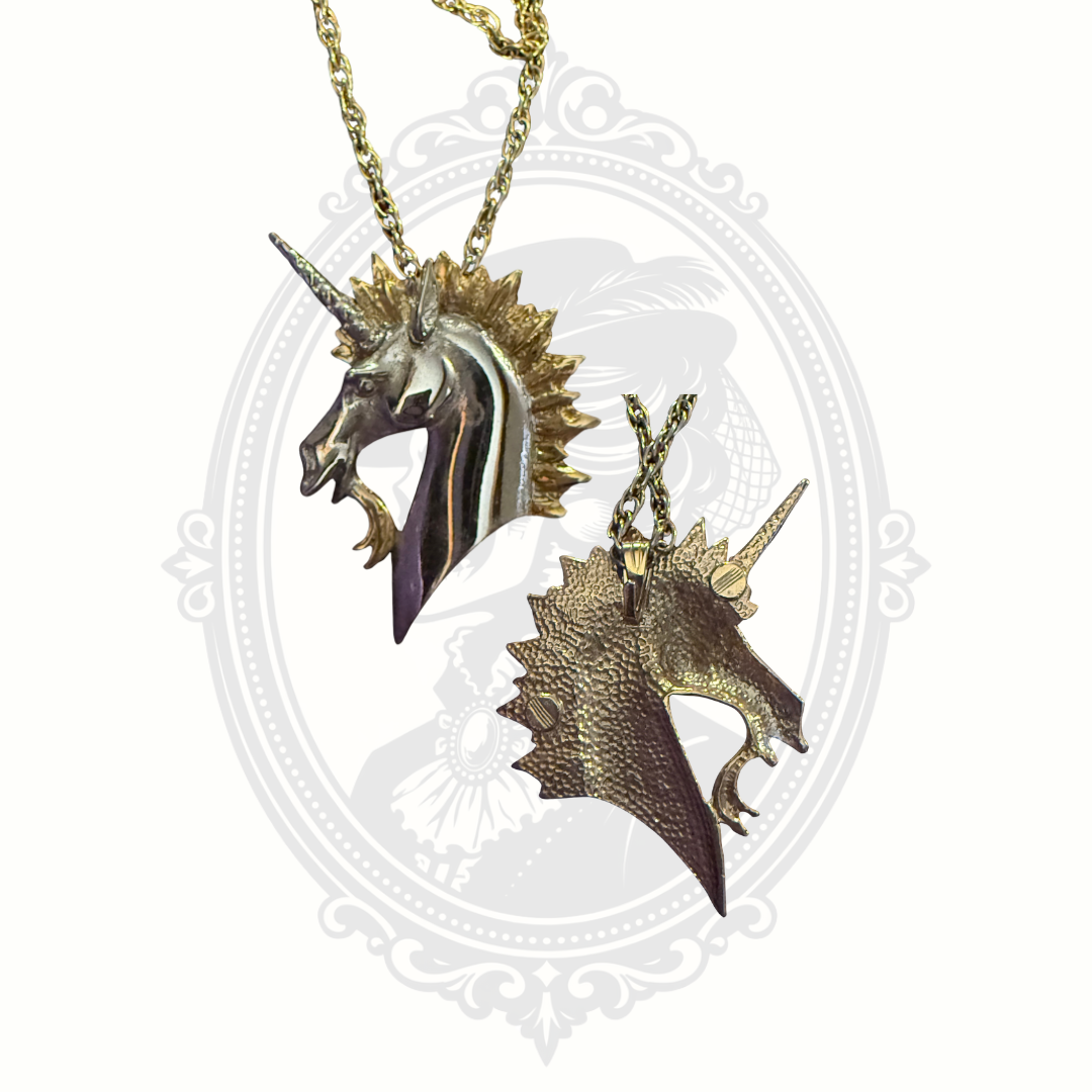 Front and Back of Gold Tone Silver Tone Fantasy Unicorn Pendant
