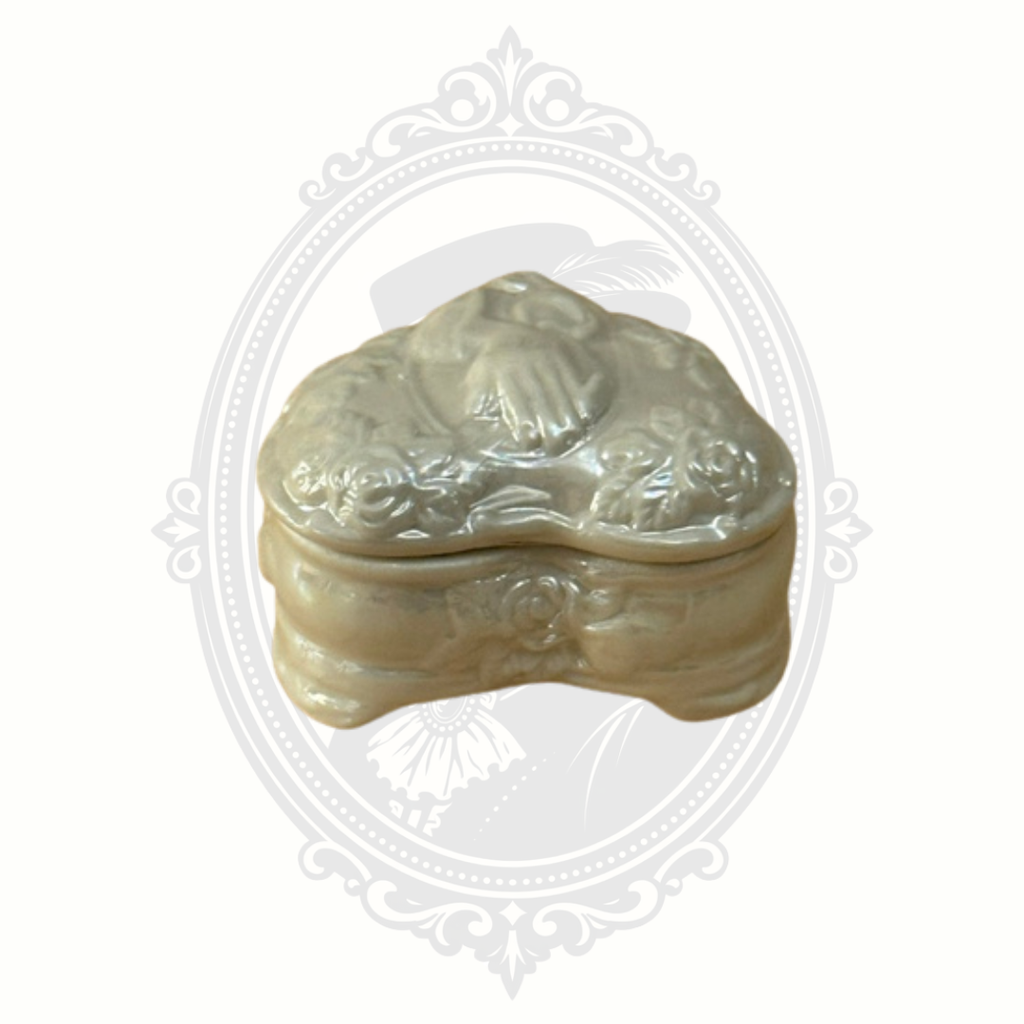 Vintage Heart Shaped Ceramic Trinket Box with Praying Hands & Roses Pearlescent Finish