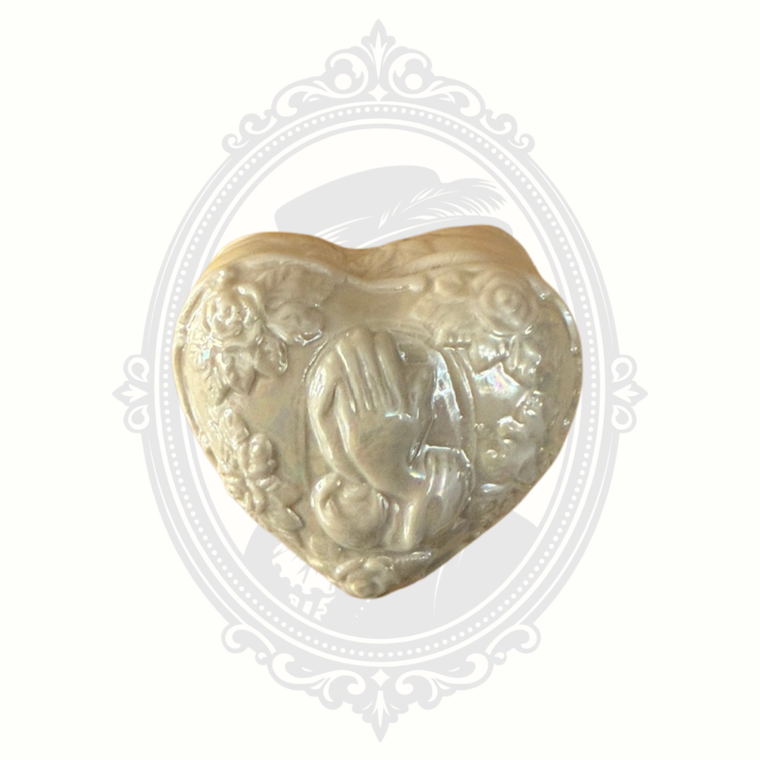 Vintage Heart Shaped Ceramic Trinket Box with Praying Hands & Roses Pearlescent Finish
