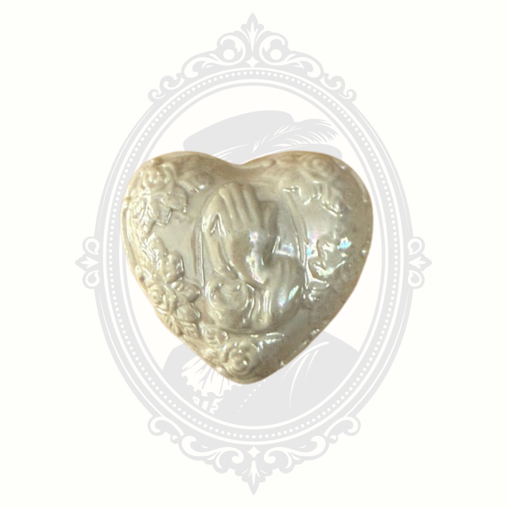 Vintage Heart Shaped Ceramic Trinket Box with Praying Hands & Roses Pearlescent Finish