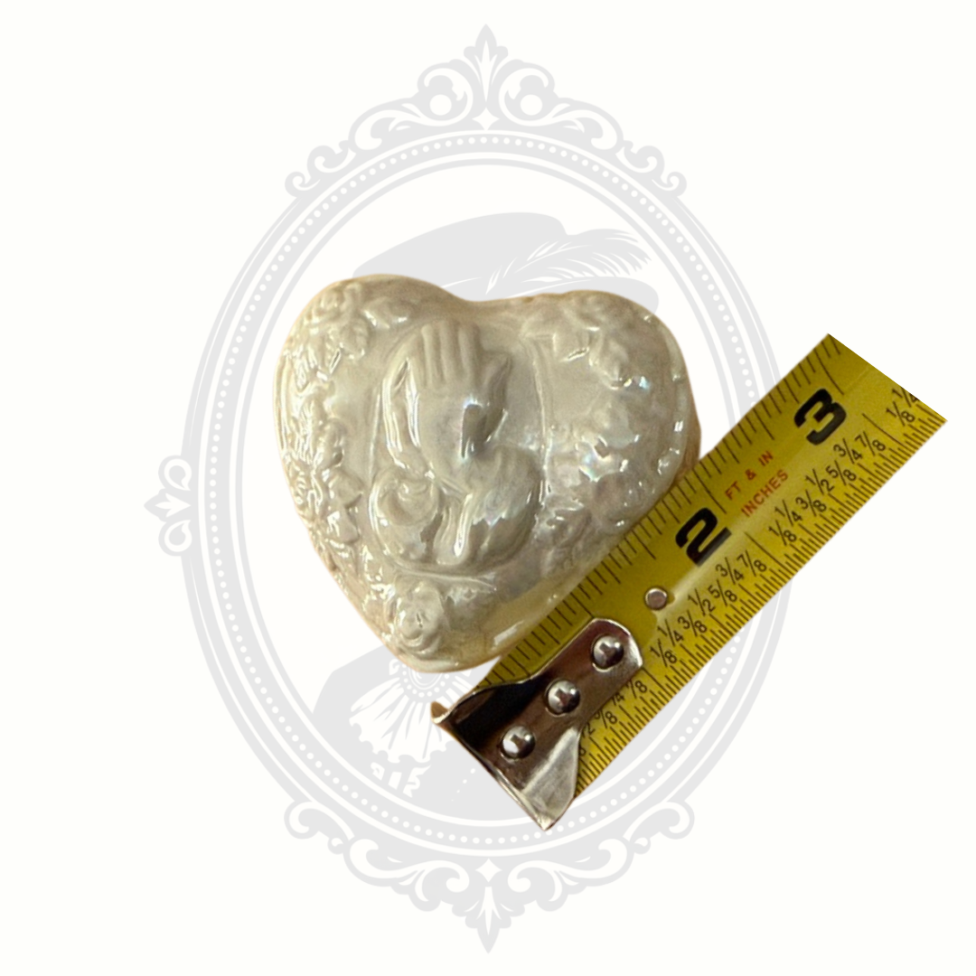 Vintage Heart Shaped Ceramic Trinket Box with Praying Hands & Roses Pearlescent Finish