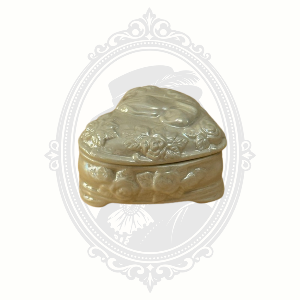 Vintage Heart Shaped Ceramic Trinket Box with Praying Hands & Roses Pearlescent Finish
