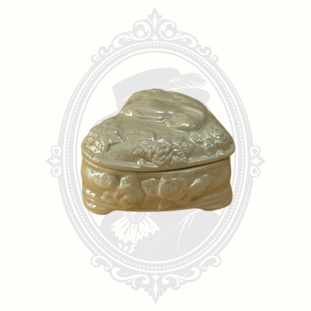 Vintage Heart Shaped Ceramic Trinket Box with Praying Hands & Roses Pearlescent Finish