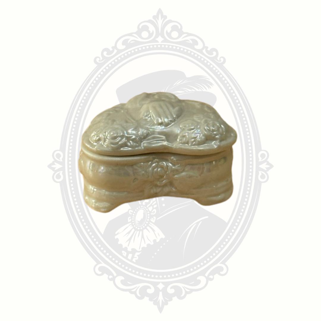 Vintage Heart Shaped Ceramic Trinket Box with Praying Hands & Roses Pearlescent Finish