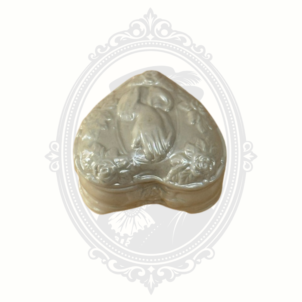 Vintage Heart Shaped Ceramic Trinket Box with Praying Hands & Roses Pearlescent Finish