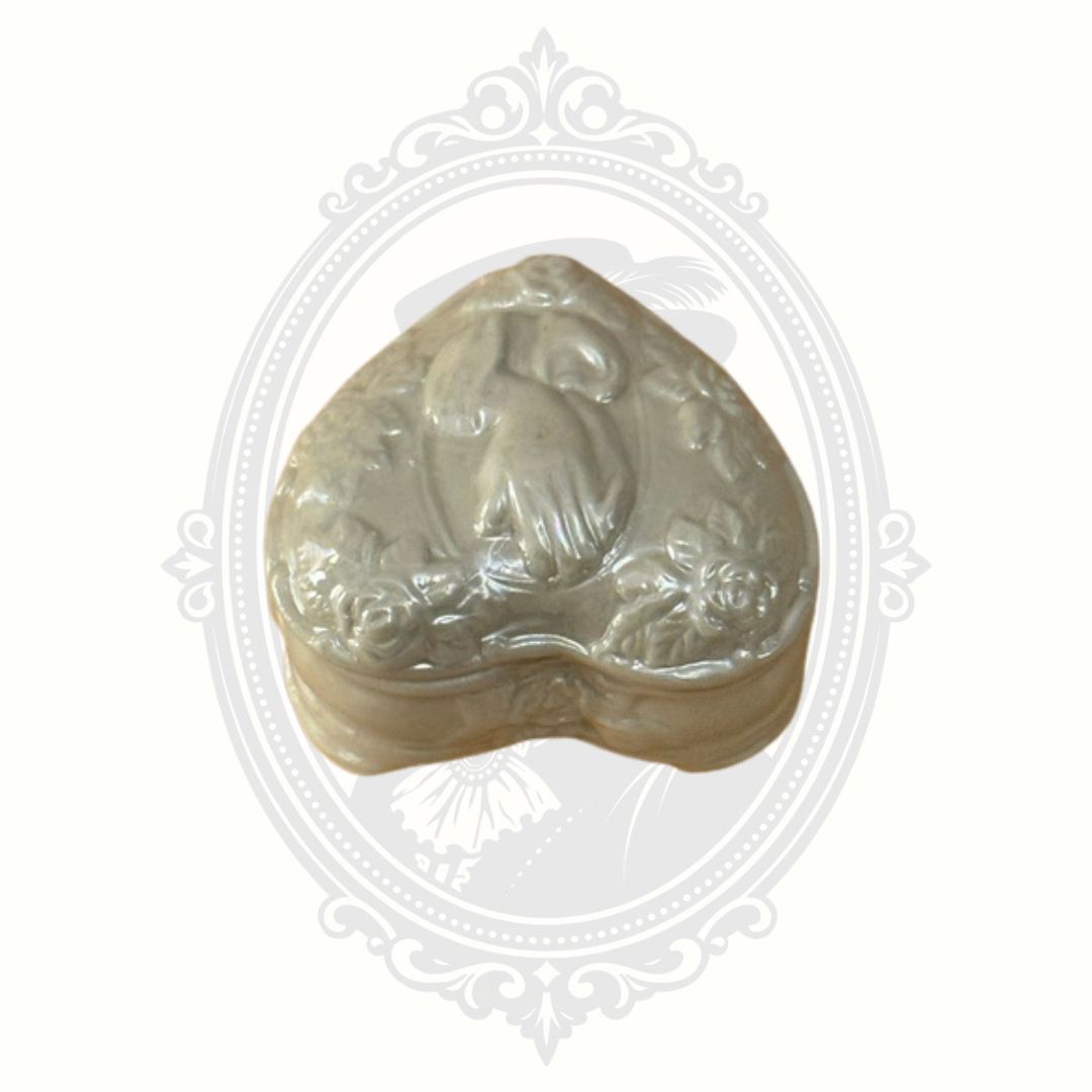 Vintage Heart Shaped Ceramic Trinket Box with Praying Hands & Roses Pearlescent Finish